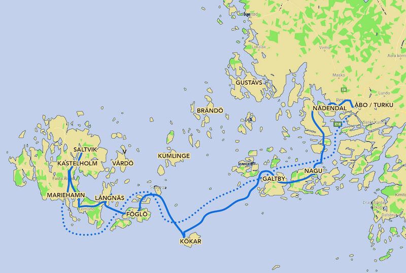 Bicycle route map from Turku to Mariehamn