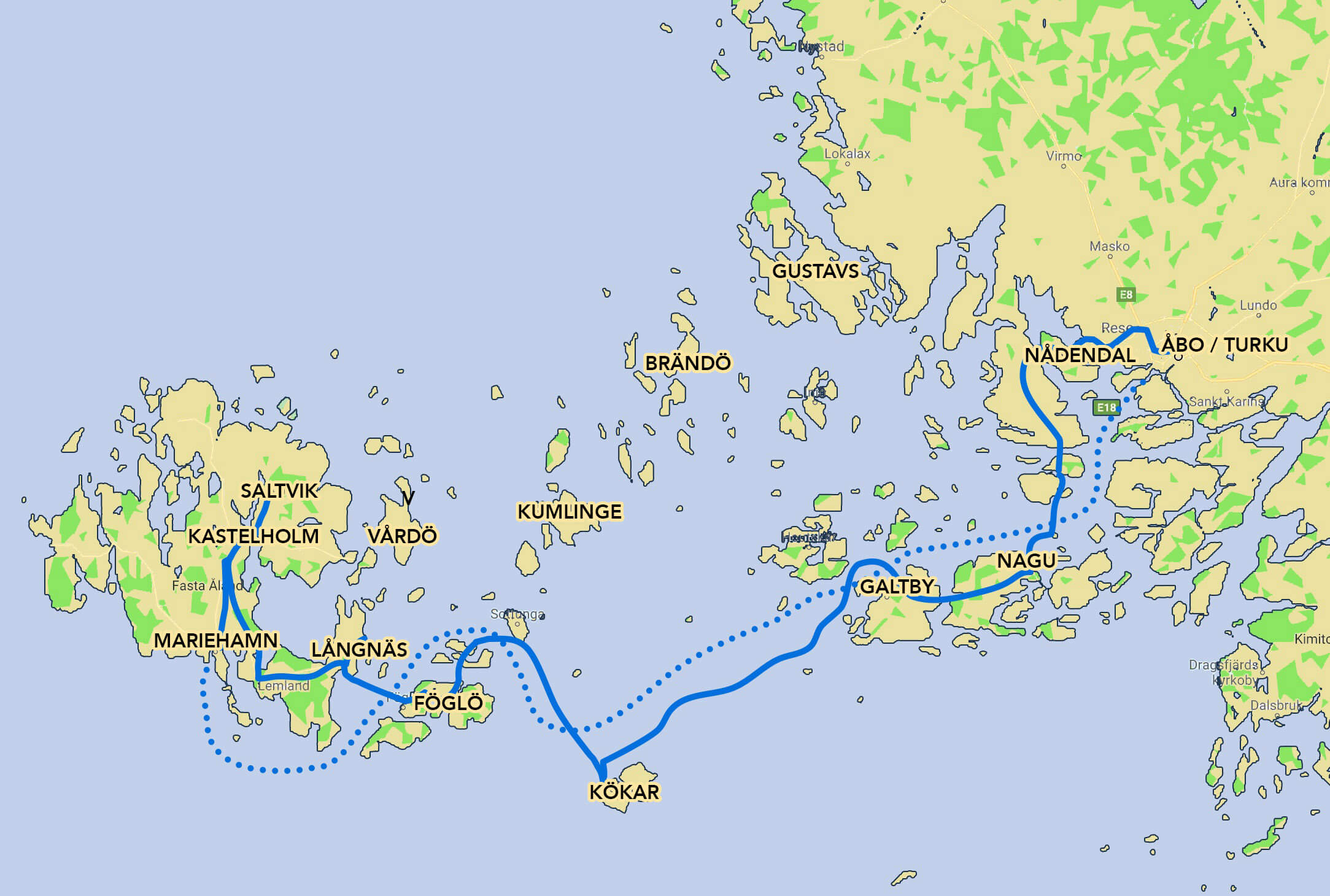 Cykelkarta från Åbo till Mariehamn på 5 dagar