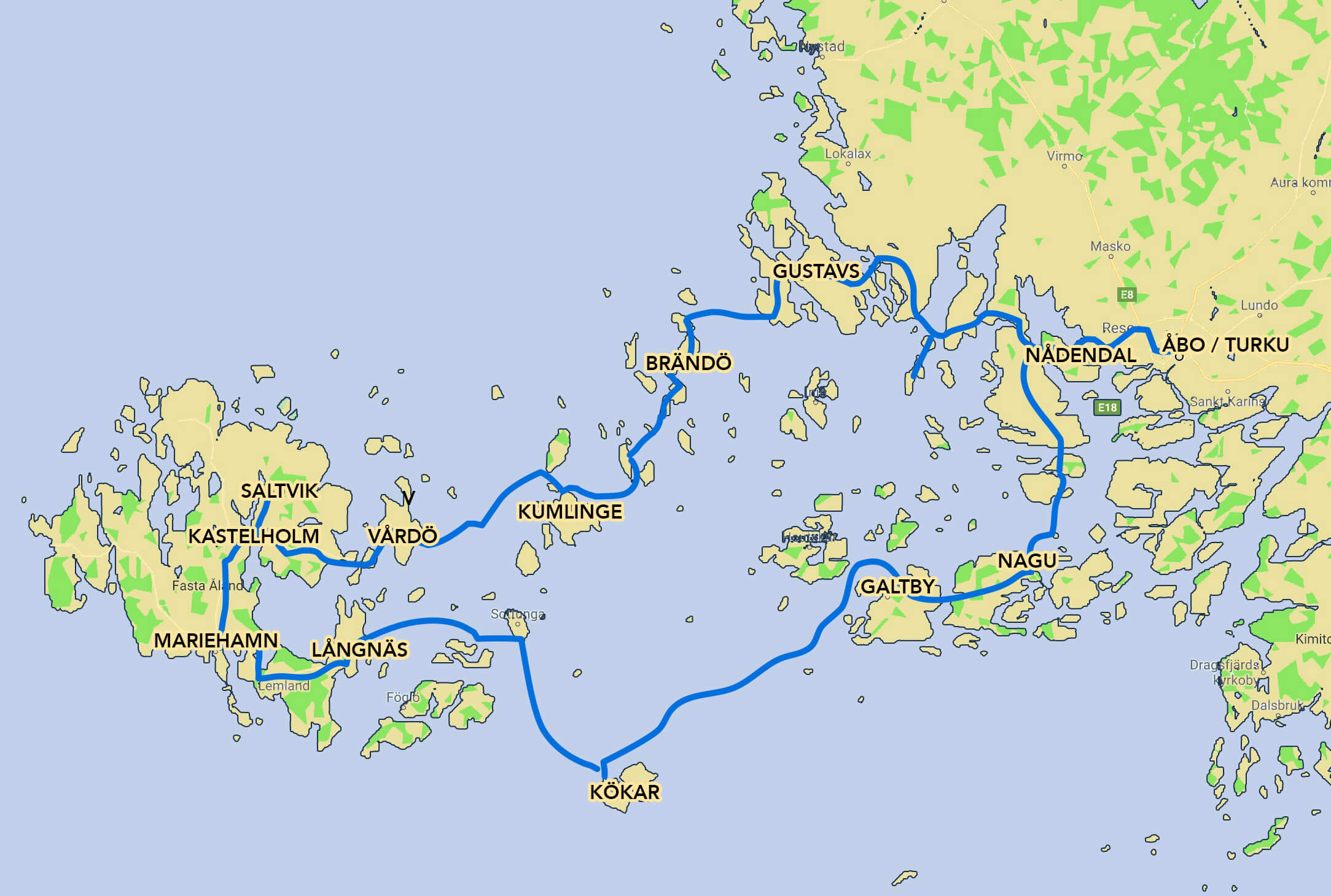 Karta över cykelrutt genom Finlands och Ålands skärgård