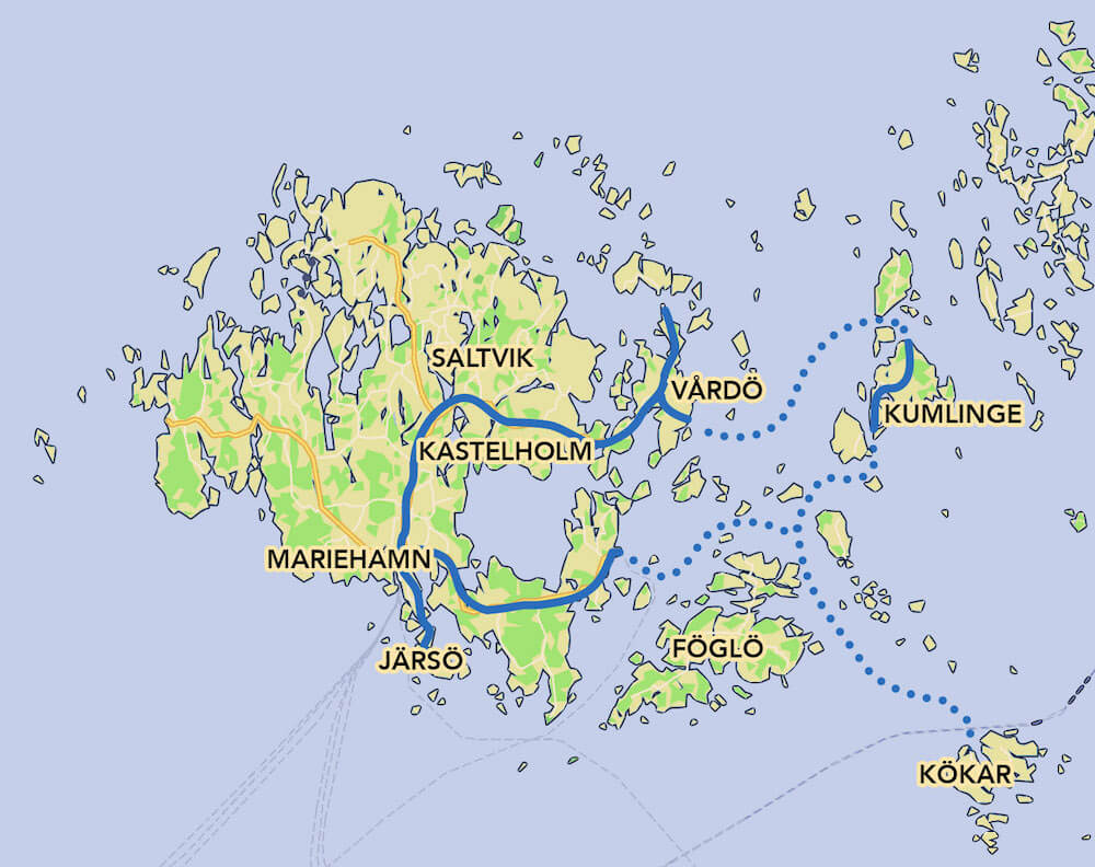 Karta över cykelrutten Skärgårdens Pärlor